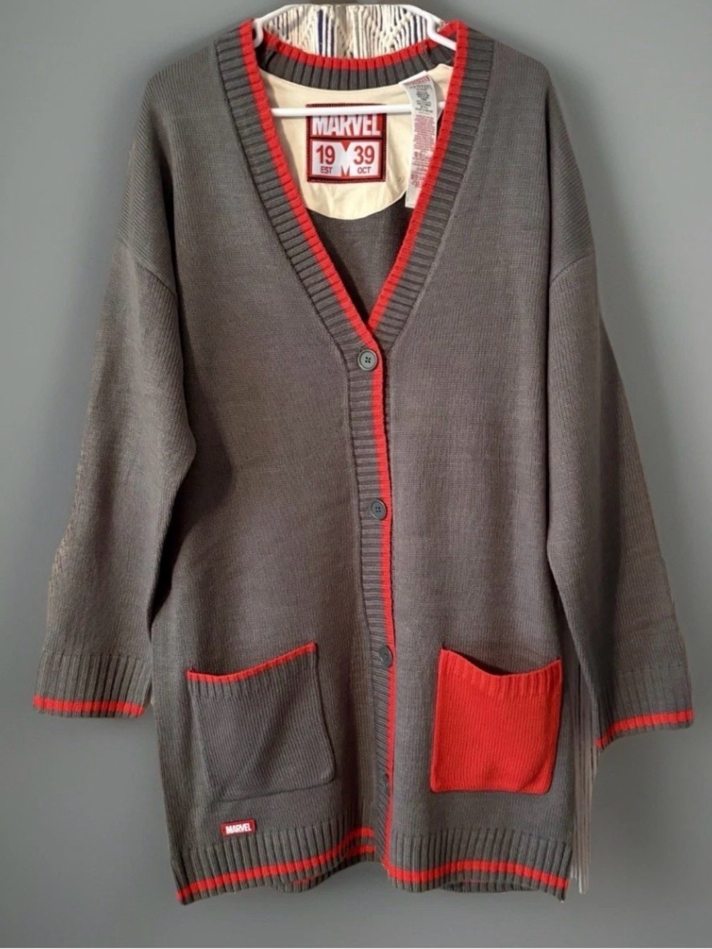 Marvel Gray Cardigan with Red Trim and Pockets